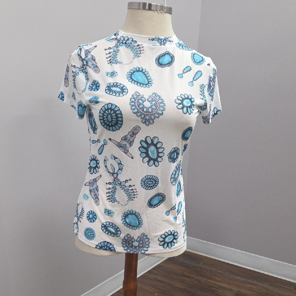 Turquoise Patterned Sheer Womans Top